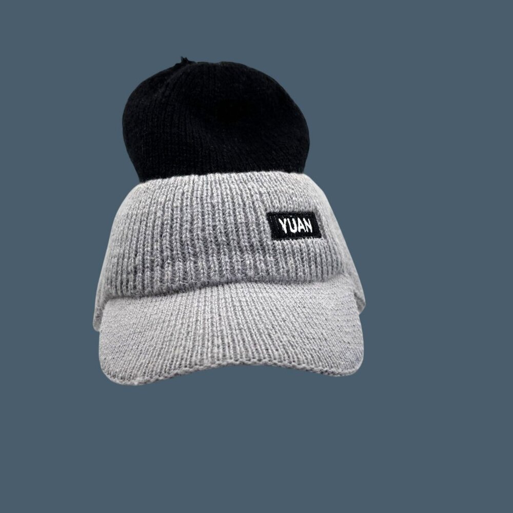 Knitted Warm Hat With Visor & Ear Flaps Gray & Black YUAN Brand Unisex Design Wi